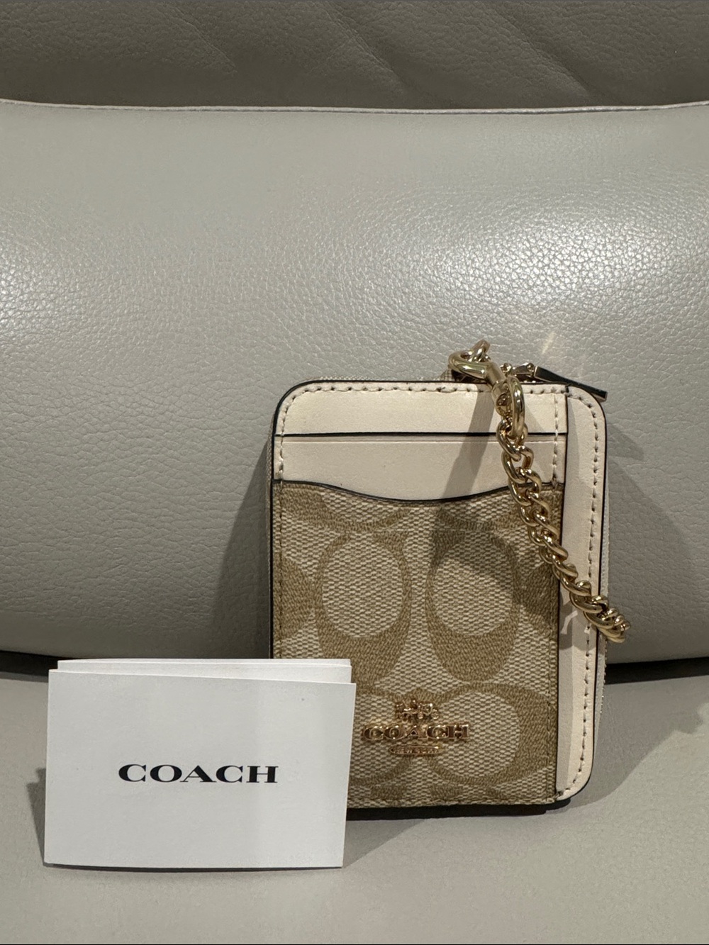 Coach Beige Signature Canvas Card Case with Cream Trim and Gold Chain